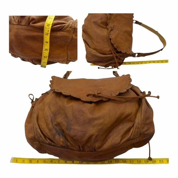 Lucky Brand Distressed Lamb Leather Hobo Bag Brown Boho Scallop Trim Fringe Vntg - Picture 13 of 16